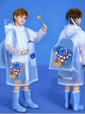 Kids Transparent Blue Astronaut Print Raincoat with Hood